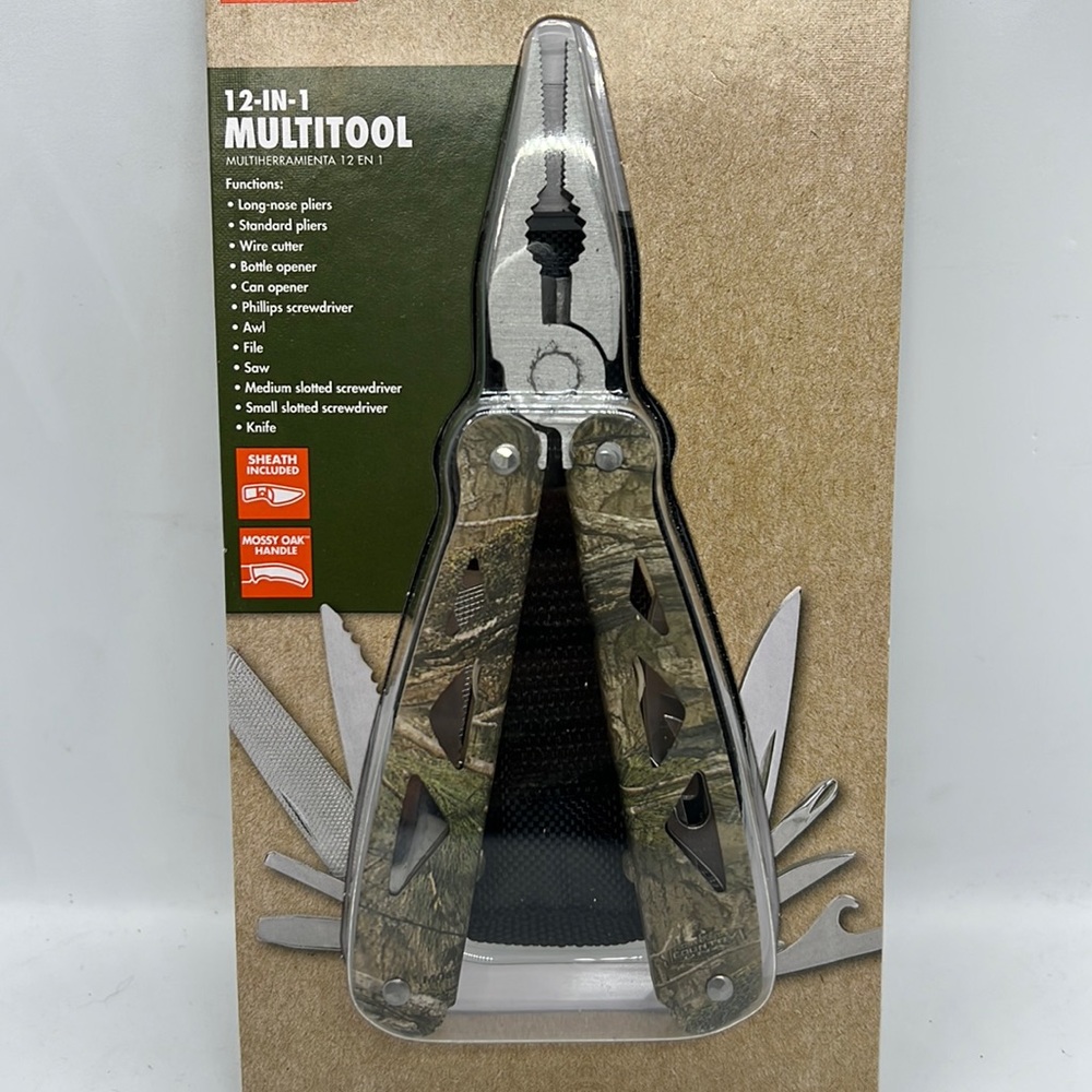 12 in 1 Multi Tool with Sheath Camouflage Mossy Oak Handle New in Blister Pack